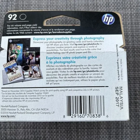 Genuine HP 92 Black C3180 C3150 DeskJet 5440 (Retail Box) Exp 2017 - Picture 2 of 3